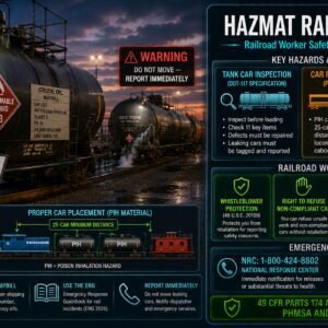 HAZMAT rail transport worker safety guide covering tank car inspection, car placement requirements, HHFT speed restrictions, emergency response NRC notification and railroad worker rights under 49 CFR Part 174 and FRA regulations