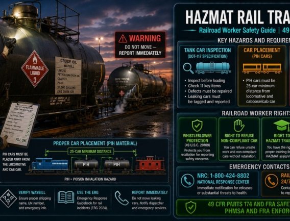 HAZMAT rail transport worker safety guide covering tank car inspection, car placement requirements, HHFT speed restrictions, emergency response NRC notification and railroad worker rights under 49 CFR Part 174 and FRA regulations