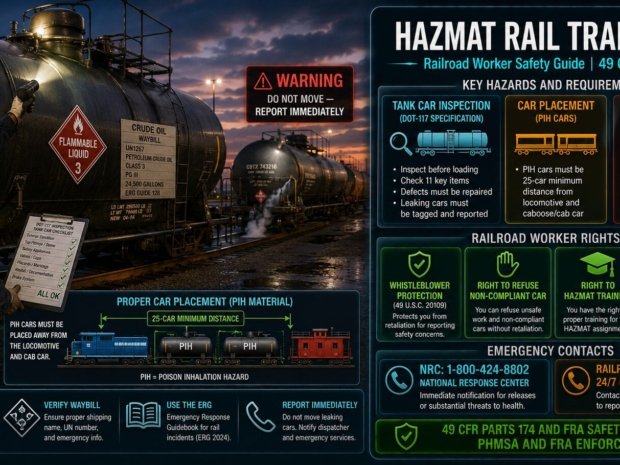 HAZMAT rail transport worker safety guide covering tank car inspection, car placement requirements, HHFT speed restrictions, emergency response NRC notification and railroad worker rights under 49 CFR Part 174 and FRA regulations