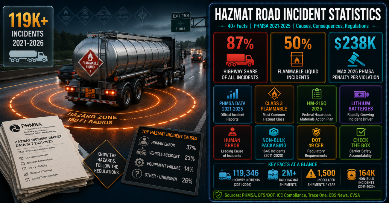 Hazmat road incident statistics infographic showing 119,346 U.S. highway hazmat incidents from 2021 to 2026, 87% highway share of all incidents, 50% flammable liquid involvement, and 2025 PHMSA penalty increases to $238,000 per violation, based on DOT PHMSA data.