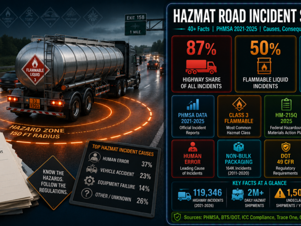 Hazmat road incident statistics infographic showing 119,346 U.S. highway hazmat incidents from 2021 to 2026, 87% highway share of all incidents, 50% flammable liquid involvement, and 2025 PHMSA penalty increases to $238,000 per violation, based on DOT PHMSA data.