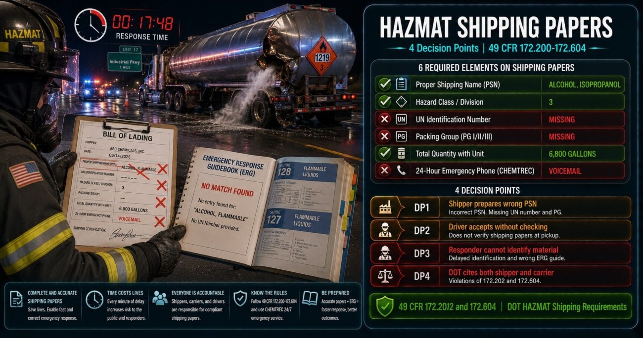 HAZMAT shipping papers situational guide covering four decision points where missing UN number, incorrect proper shipping name and unmanned emergency number delayed first responders at an isopropyl alcohol tanker spill