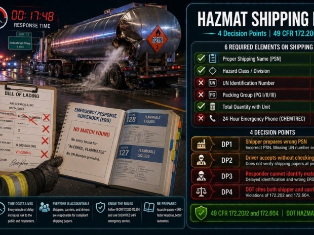 HAZMAT shipping papers situational guide covering four decision points where missing UN number, incorrect proper shipping name and unmanned emergency number delayed first responders at an isopropyl alcohol tanker spill