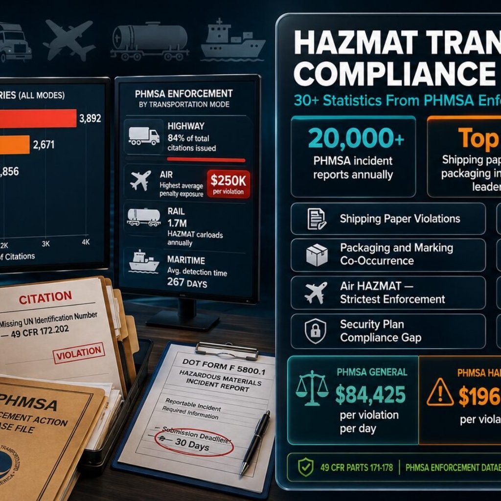 HAZMAT transportation compliance statistics from PHMSA enforcement records covering shipping paper violations as top citation category, packaging and marking co-occurrence, air HAZMAT $250K penalty exposure, security plan detection gap, rail HAZMAT 1.7 million carloads annually, maritime IMDG non-compliance and incident reporting thresholds