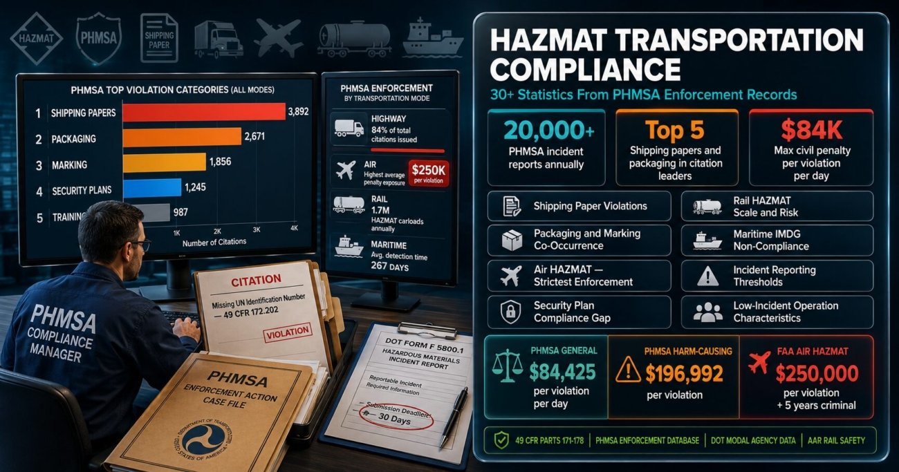 HAZMAT transportation compliance statistics from PHMSA enforcement records covering shipping paper violations as top citation category, packaging and marking co-occurrence, air HAZMAT $250K penalty exposure, security plan detection gap, rail HAZMAT 1.7 million carloads annually, maritime IMDG non-compliance and incident reporting thresholds