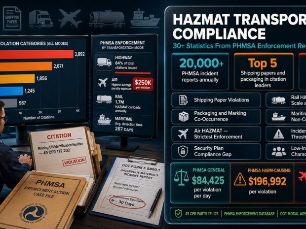 HAZMAT transportation compliance statistics from PHMSA enforcement records covering shipping paper violations as top citation category, packaging and marking co-occurrence, air HAZMAT $250K penalty exposure, security plan detection gap, rail HAZMAT 1.7 million carloads annually, maritime IMDG non-compliance and incident reporting thresholds