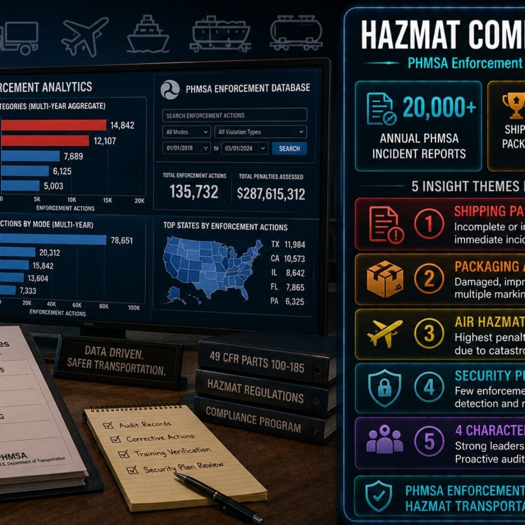 HAZMAT transportation compliance insights from PHMSA enforcement data showing shipping paper and packaging as perennial top-five citation categories, the security plan detection gap, air HAZMAT enforcement differential and four organisational characteristics of low-incident HAZMAT operations