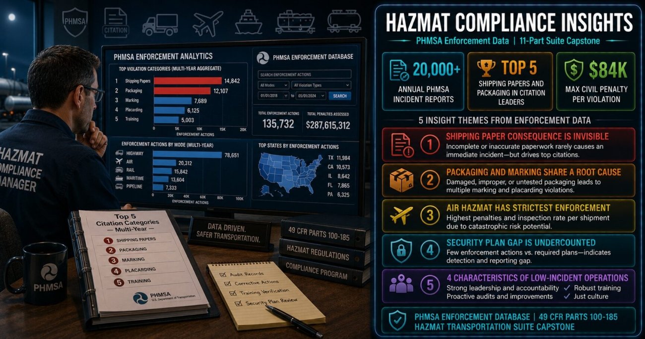 HAZMAT transportation compliance insights from PHMSA enforcement data showing shipping paper and packaging as perennial top-five citation categories, the security plan detection gap, air HAZMAT enforcement differential and four organisational characteristics of low-incident HAZMAT operations