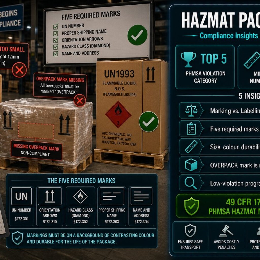 HAZMAT package marking compliance insights covering the five required marks, 12mm minimum UN number height, overpack marking obligations and patterns in PHMSA enforcement violations under 49 CFR Part 172 Subpart D