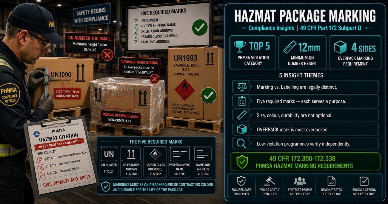 HAZMAT package marking compliance insights covering the five required marks, 12mm minimum UN number height, overpack marking obligations and patterns in PHMSA enforcement violations under 49 CFR Part 172 Subpart D