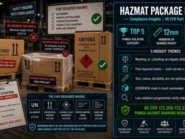 HAZMAT package marking compliance insights covering the five required marks, 12mm minimum UN number height, overpack marking obligations and patterns in PHMSA enforcement violations under 49 CFR Part 172 Subpart D