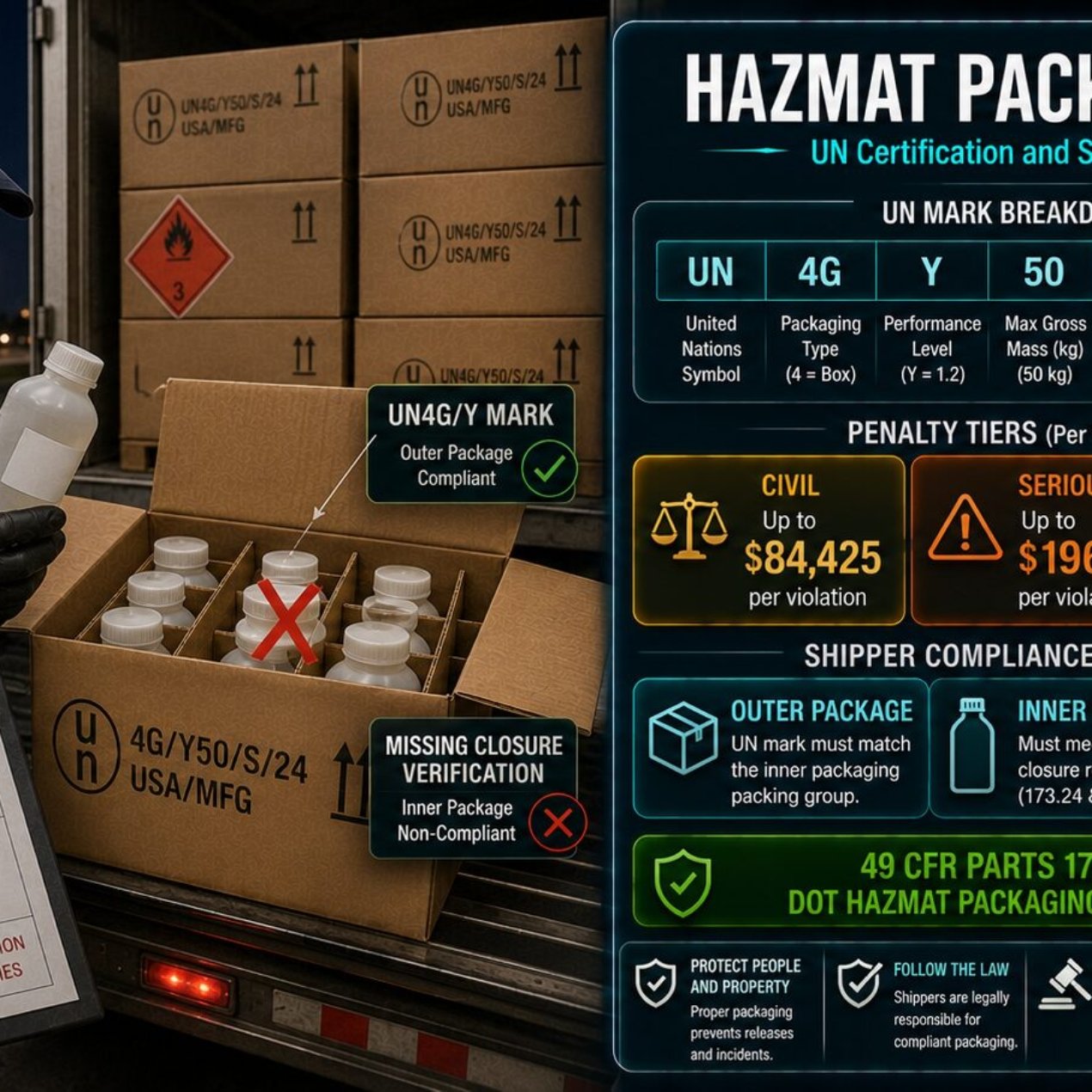 HAZMAT packaging law guide covering UN specification marking system, combination packaging legal requirements, civil penalty exposure up to $84,425 per violation and shipper obligations under 49 CFR Parts 173 and 178