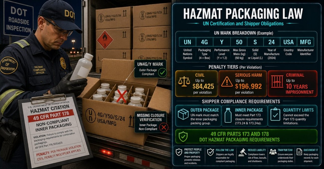 HAZMAT packaging law guide covering UN specification marking system, combination packaging legal requirements, civil penalty exposure up to $84,425 per violation and shipper obligations under 49 CFR Parts 173 and 178