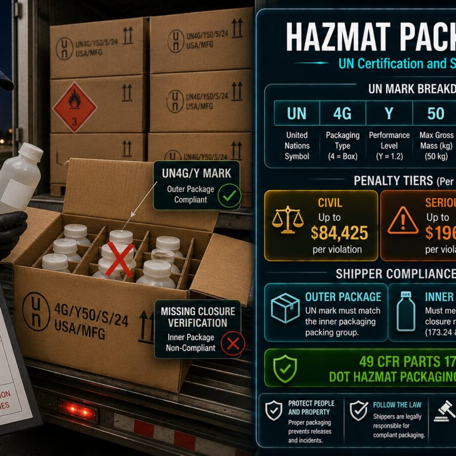 HAZMAT packaging law guide covering UN specification marking system, combination packaging legal requirements, civil penalty exposure up to $84,425 per violation and shipper obligations under 49 CFR Parts 173 and 178