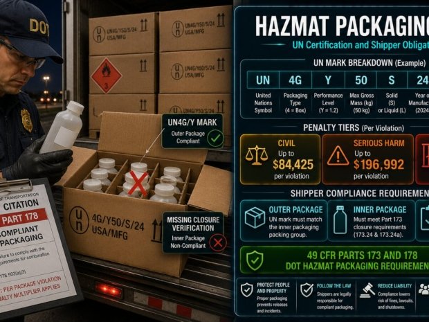 HAZMAT packaging law guide covering UN specification marking system, combination packaging legal requirements, civil penalty exposure up to $84,425 per violation and shipper obligations under 49 CFR Parts 173 and 178