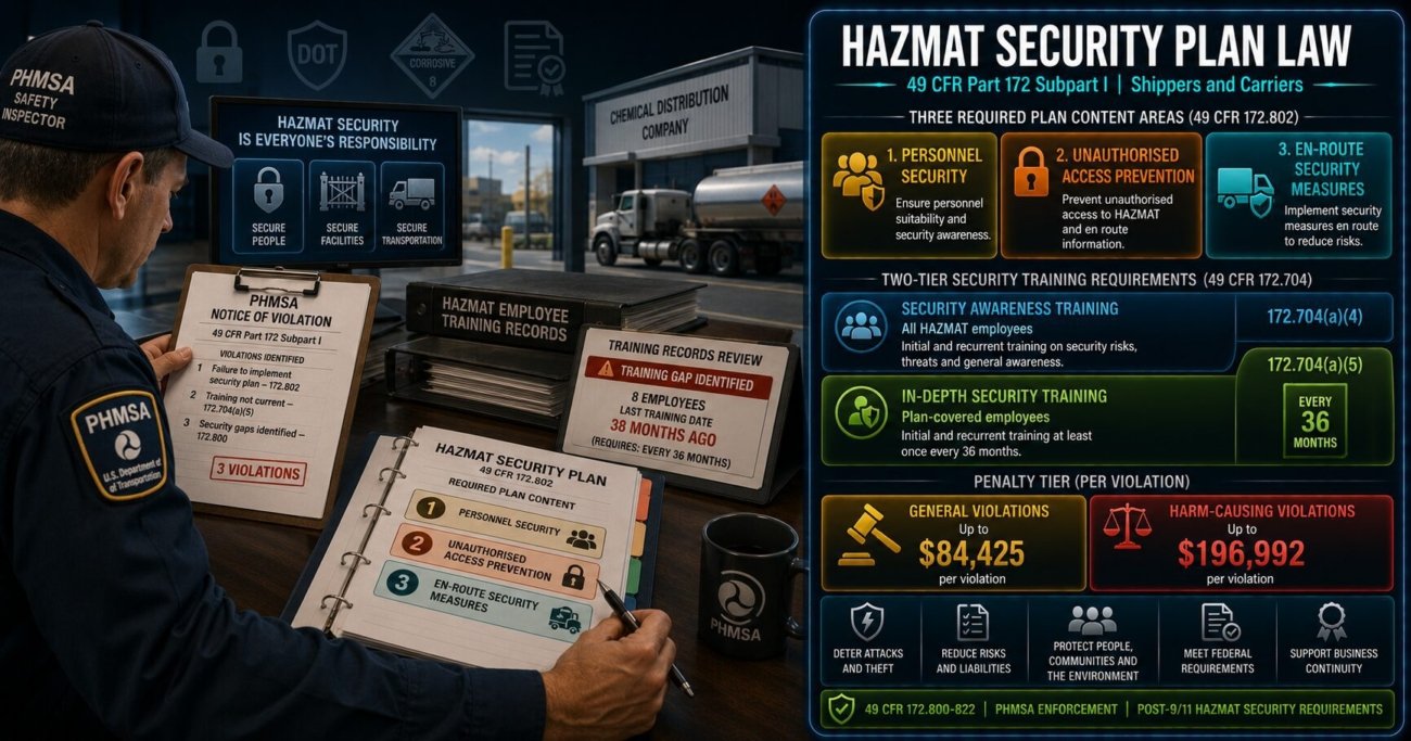 HAZMAT transportation security plan legal requirements under 49 CFR Part 172 Subpart I covering who must have a plan, three required content areas of personnel security unauthorised access and en-route measures, two-tier security training obligations and civil penalty exposure up to $84,425