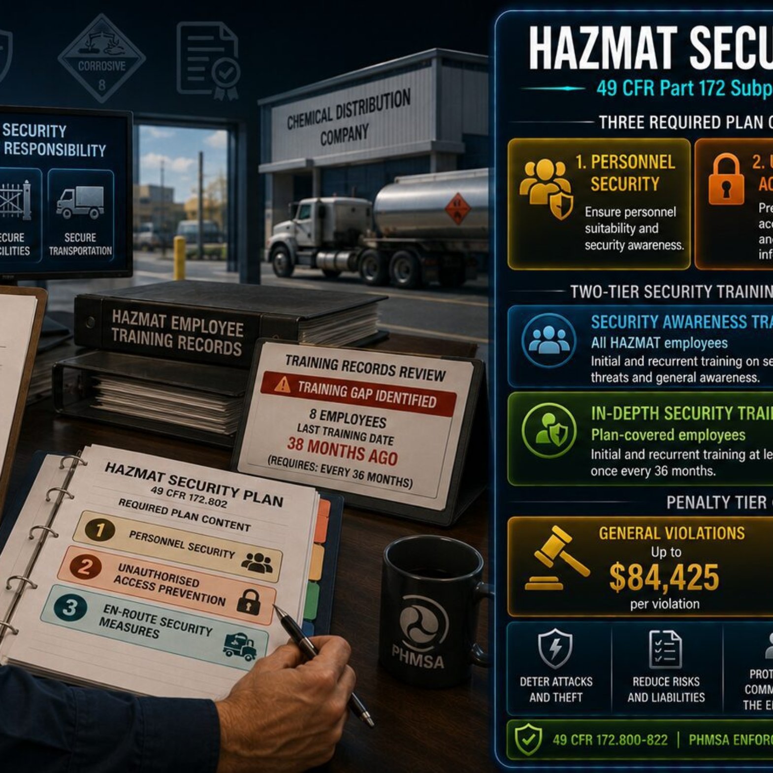 HAZMAT transportation security plan legal requirements under 49 CFR Part 172 Subpart I covering who must have a plan, three required content areas of personnel security unauthorised access and en-route measures, two-tier security training obligations and civil penalty exposure up to $84,425