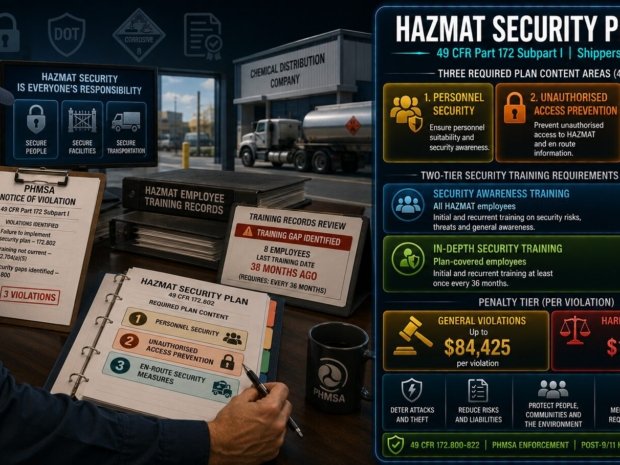 HAZMAT transportation security plan legal requirements under 49 CFR Part 172 Subpart I covering who must have a plan, three required content areas of personnel security unauthorised access and en-route measures, two-tier security training obligations and civil penalty exposure up to $84,425
