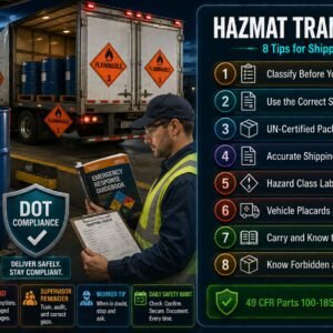 HAZMAT transportation tips for US shippers and drivers covering DOT hazardous material classification, proper shipping names, UN packaging, labels, placards, the Emergency Response Guidebook and limited quantity exceptions