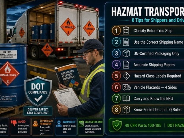 HAZMAT transportation tips for US shippers and drivers covering DOT hazardous material classification, proper shipping names, UN packaging, labels, placards, the Emergency Response Guidebook and limited quantity exceptions