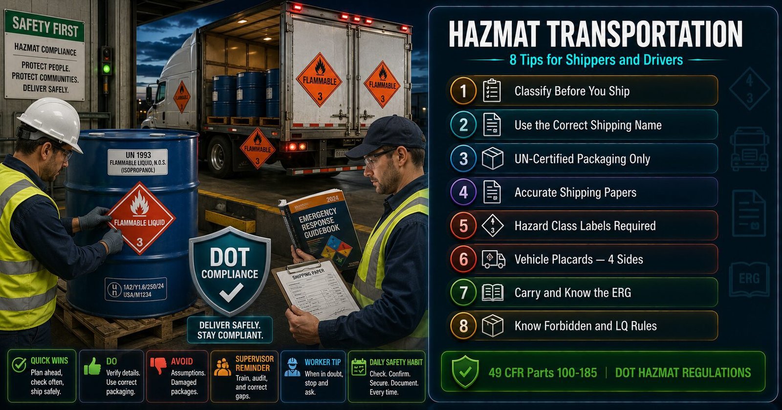 HAZMAT transportation tips for US shippers and drivers covering DOT hazardous material classification, proper shipping names, UN packaging, labels, placards, the Emergency Response Guidebook and limited quantity exceptions