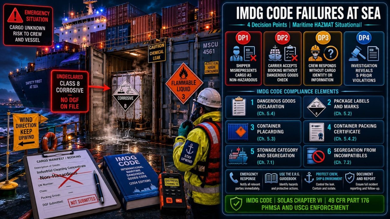 IMDG Code maritime HAZMAT situational guide covering four decision points where undeclared Class 8 corrosive liquid misrepresented as non-hazardous cargo leaked at sea requiring emergency response without cargo identity information