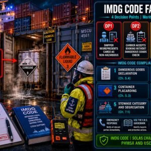 IMDG Code maritime HAZMAT situational guide covering four decision points where undeclared Class 8 corrosive liquid misrepresented as non-hazardous cargo leaked at sea requiring emergency response without cargo identity information