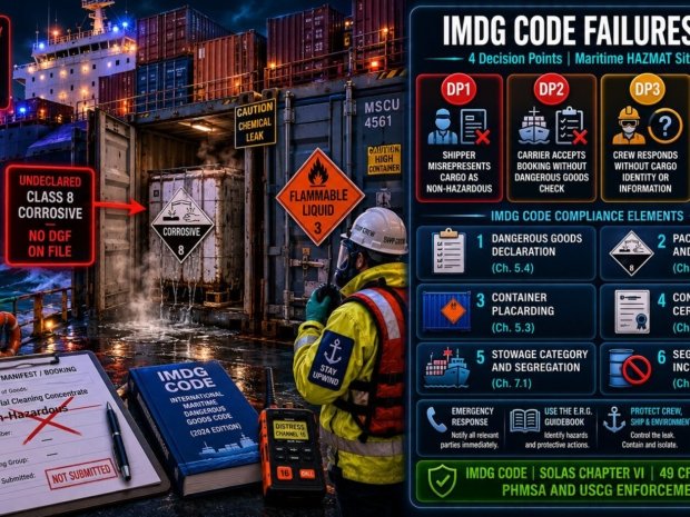 IMDG Code maritime HAZMAT situational guide covering four decision points where undeclared Class 8 corrosive liquid misrepresented as non-hazardous cargo leaked at sea requiring emergency response without cargo identity information