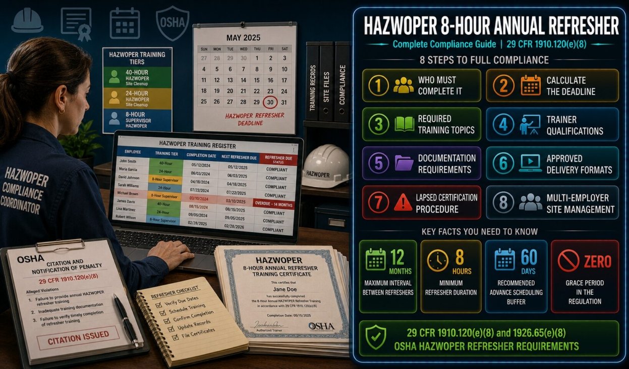 HAZWOPER 8-hour annual refresher compliance guide covering 29 CFR 1910.120 e-8 requirements including who must complete it, 12-month deadline calculation, required training topics, trainer qualifications, documentation, online training rules and lapsed certification procedures