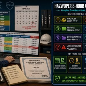 HAZWOPER 8-hour annual refresher compliance guide covering 29 CFR 1910.120 e-8 requirements including who must complete it, 12-month deadline calculation, required training topics, trainer qualifications, documentation, online training rules and lapsed certification procedures