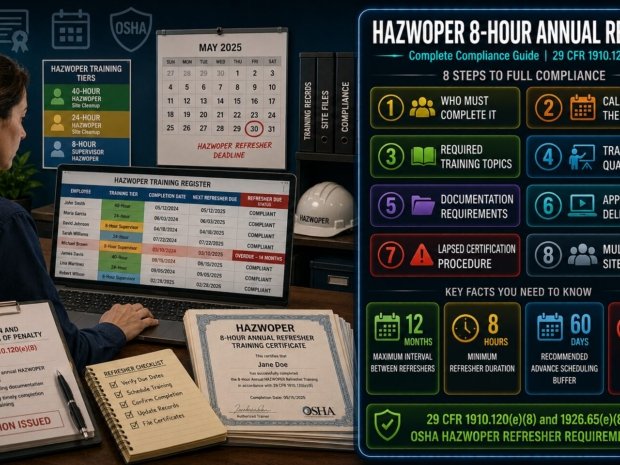 HAZWOPER 8-hour annual refresher compliance guide covering 29 CFR 1910.120 e-8 requirements including who must complete it, 12-month deadline calculation, required training topics, trainer qualifications, documentation, online training rules and lapsed certification procedures