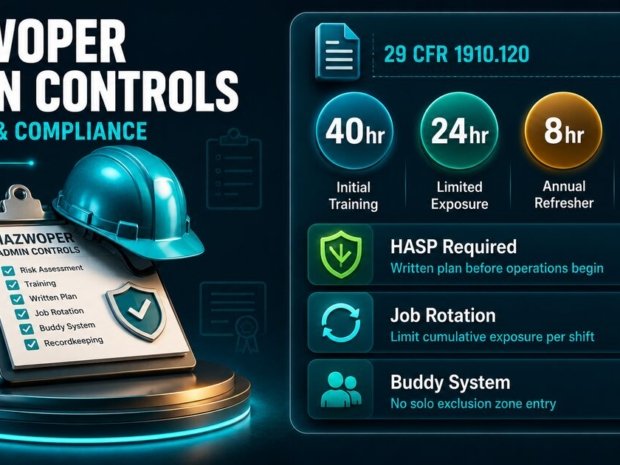 HAZWOPER administrative controls checklist showing training hours, HASP requirements, and site control procedures under 29 CFR 1910.120