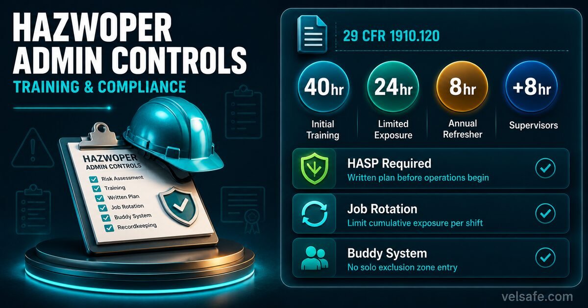 HAZWOPER administrative controls checklist showing training hours, HASP requirements, and site control procedures under 29 CFR 1910.120