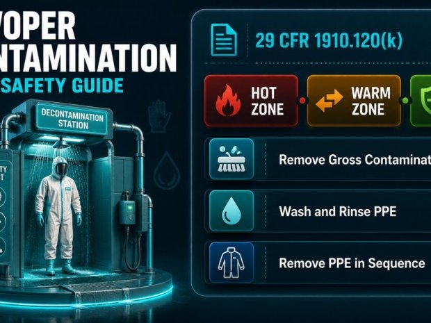 Worker in PPE passing through a HAZWOPER decontamination station showing the three work zones: hot, warm, and cold zone