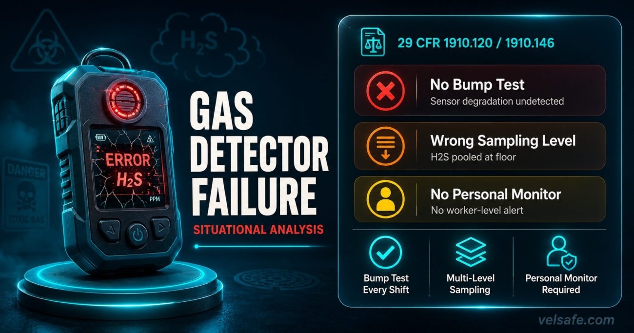 Direct-reading gas monitor showing a failure alert beside a confined space manhole, illustrating HAZWOPER atmospheric monitoring risks