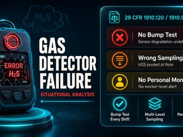 Direct-reading gas monitor showing a failure alert beside a confined space manhole, illustrating HAZWOPER atmospheric monitoring risks