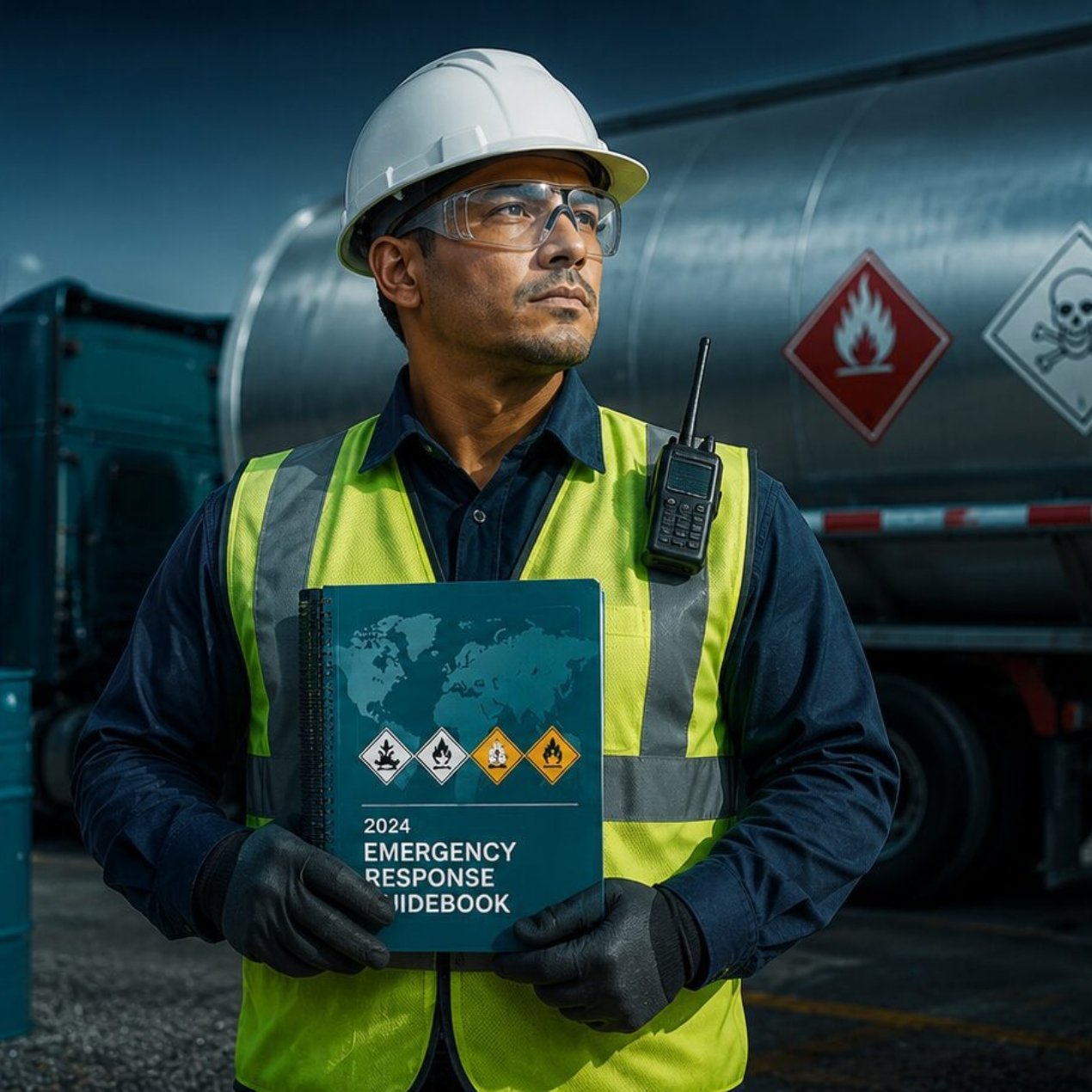 Safety officer reviewing the DOT Emergency Response Guidebook at a hazardous materials transport site