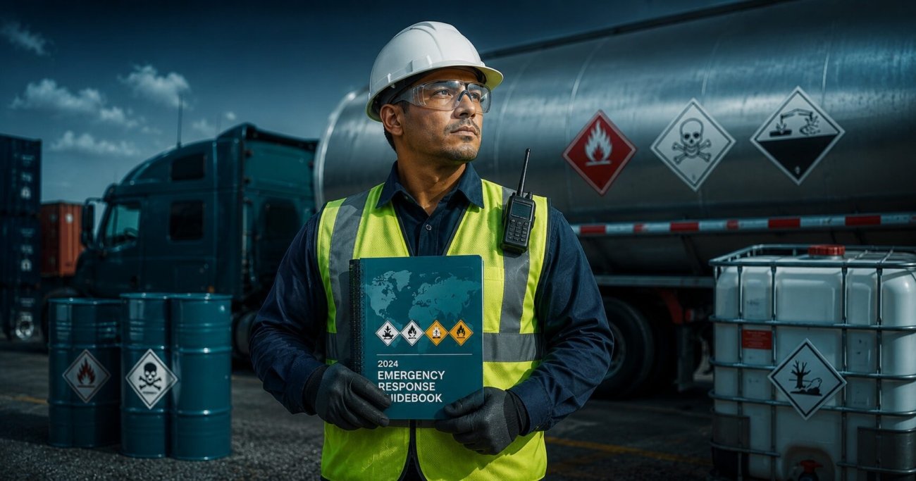 Safety officer reviewing the DOT Emergency Response Guidebook at a hazardous materials transport site