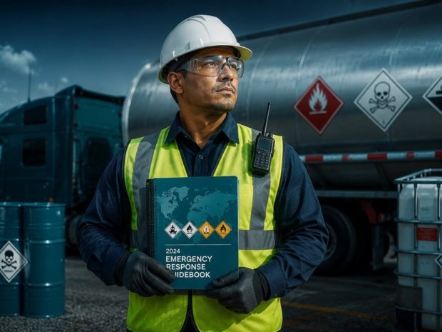 Safety officer reviewing the DOT Emergency Response Guidebook at a hazardous materials transport site