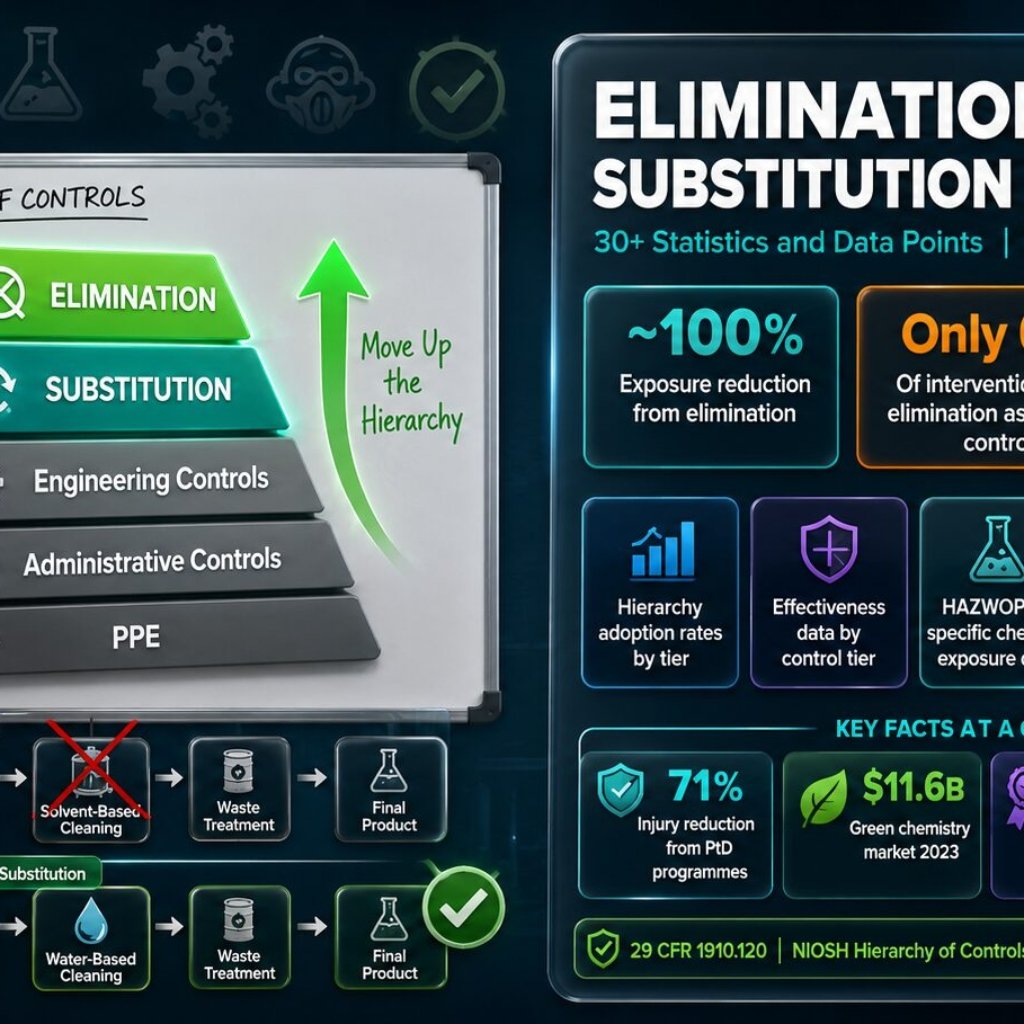 HAZWOPER elimination and substitution controls statistics showing only 6 percent of occupational health interventions use elimination as primary control despite achieving near 100 percent exposure reduction, with hierarchy of controls adoption rates, business case ROI data, and green chemistry market figures