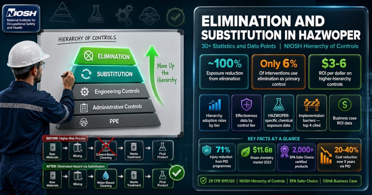 HAZWOPER elimination and substitution controls statistics showing only 6 percent of occupational health interventions use elimination as primary control despite achieving near 100 percent exposure reduction, with hierarchy of controls adoption rates, business case ROI data, and green chemistry market figures