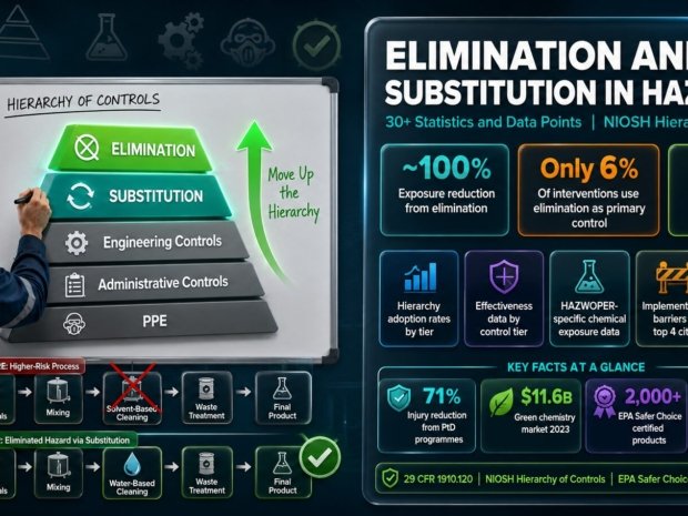 HAZWOPER elimination and substitution controls statistics showing only 6 percent of occupational health interventions use elimination as primary control despite achieving near 100 percent exposure reduction, with hierarchy of controls adoption rates, business case ROI data, and green chemistry market figures