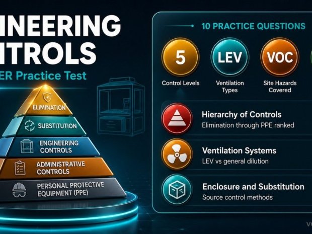 HAZWOPER engineering controls practice test infographic showing hierarchy of controls pyramid, ventilation types, and enclosure methods under 29 CFR 1910.120.