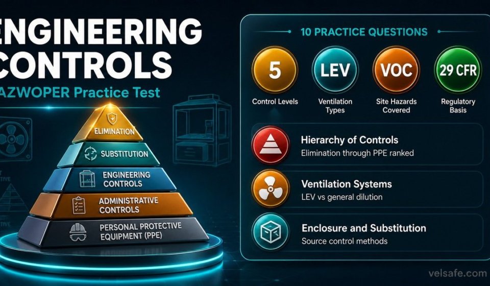 HAZWOPER engineering controls practice test infographic showing hierarchy of controls pyramid, ventilation types, and enclosure methods under 29 CFR 1910.120.