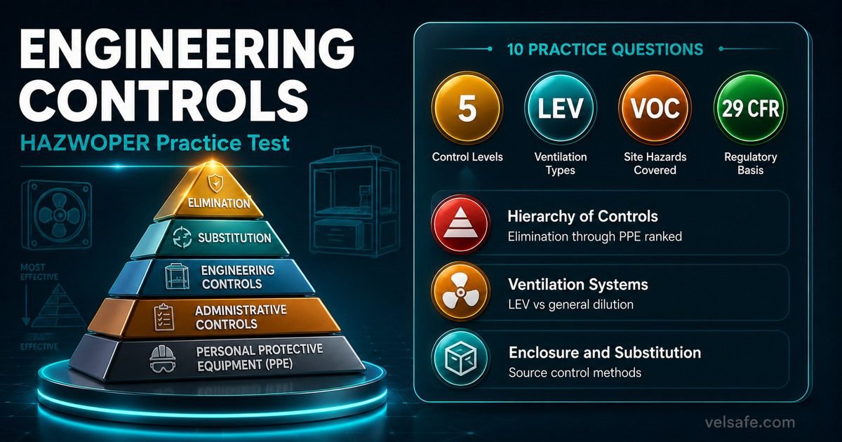 HAZWOPER engineering controls practice test infographic showing hierarchy of controls pyramid, ventilation types, and enclosure methods under 29 CFR 1910.120.