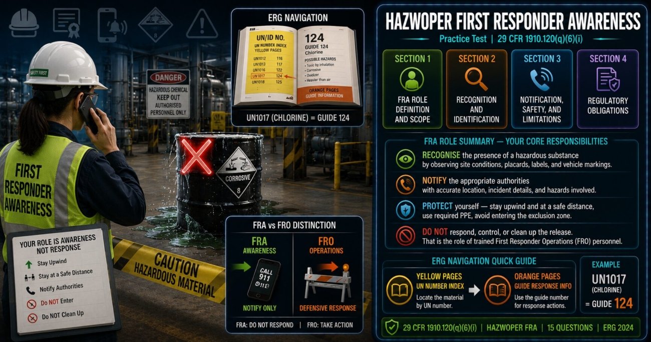 HAZWOPER First Responder Awareness practice test covering 29 CFR 1910.120 q-6-i FRA role definition, hazard class recognition from DOT placards, ERG navigation for UN number identification, notification procedures and the distinction between FRA awareness and First Responder Operations levels