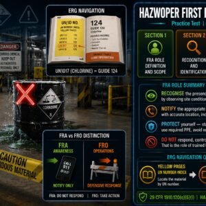 HAZWOPER First Responder Awareness practice test covering 29 CFR 1910.120 q-6-i FRA role definition, hazard class recognition from DOT placards, ERG navigation for UN number identification, notification procedures and the distinction between FRA awareness and First Responder Operations levels