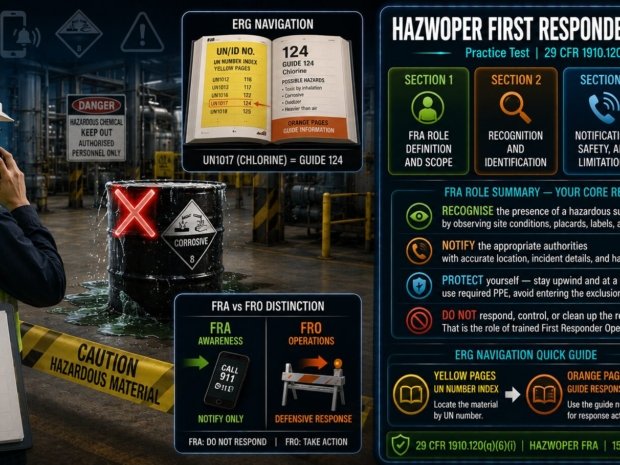 HAZWOPER First Responder Awareness practice test covering 29 CFR 1910.120 q-6-i FRA role definition, hazard class recognition from DOT placards, ERG navigation for UN number identification, notification procedures and the distinction between FRA awareness and First Responder Operations levels