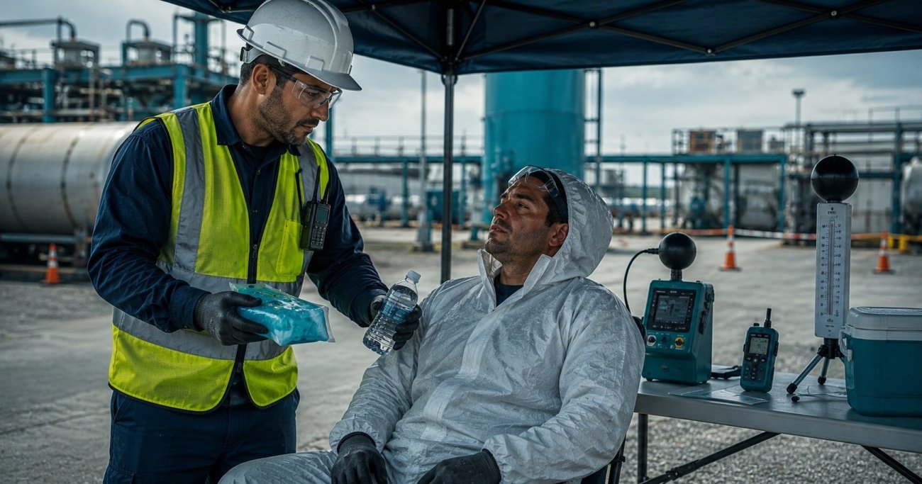 Safety supervisor providing cooling assistance to a HAZWOPER worker resting in the cold zone during heat stress prevention break
