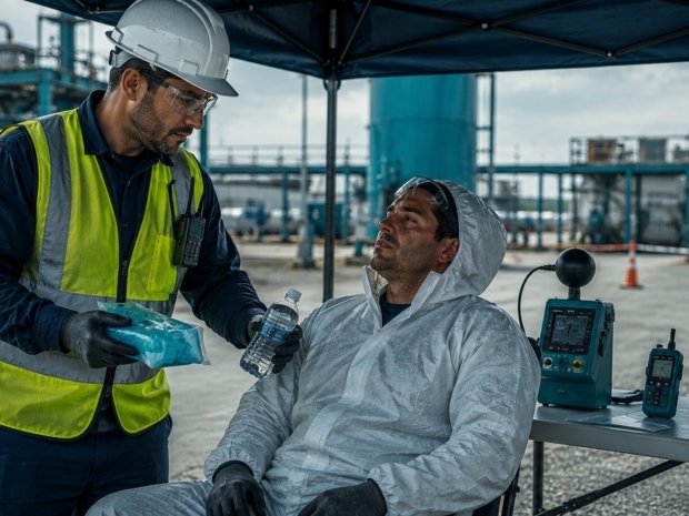 Safety supervisor providing cooling assistance to a HAZWOPER worker resting in the cold zone during heat stress prevention break